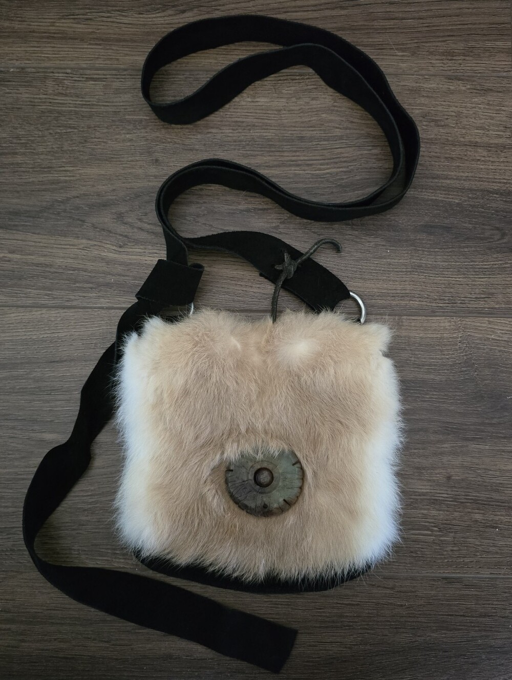 Handmade White Rabbit Fur & Black Suede Leather Small Crossbody Bag Boho